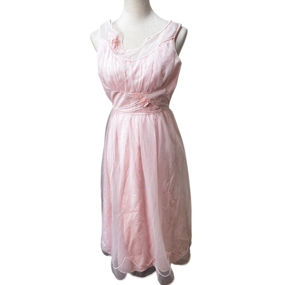Vintage 60s Shadowline Pink Nylon Tricot Chiffon Dress 32/XS Coquette Balletcore